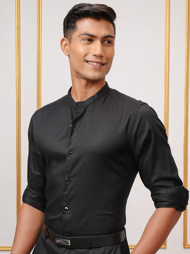Highlander Men Black Self Design Regular Fit Casual Shirt - Black - Image 4