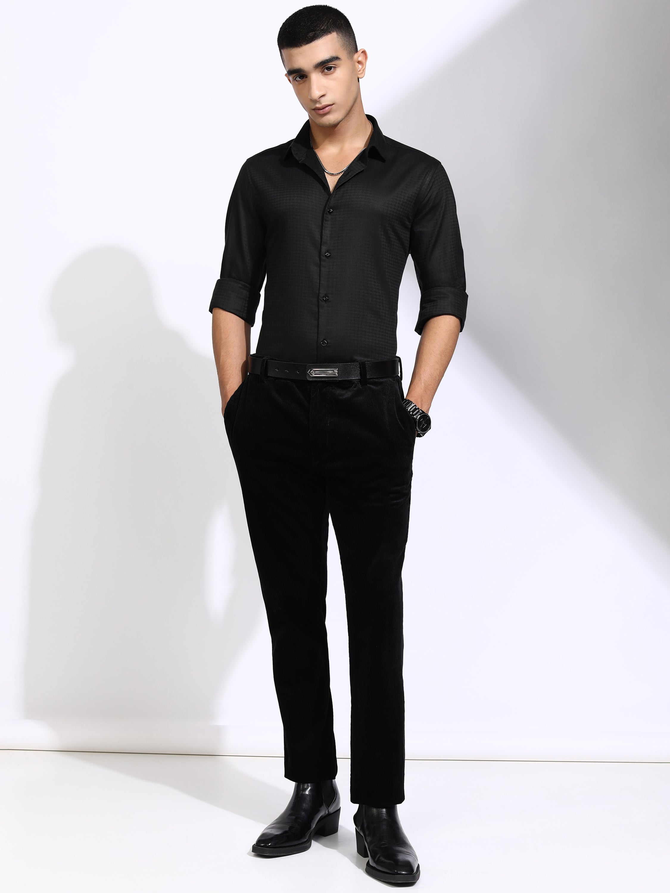 Highlander Men Black Self Design Slim Fit Casual Shirt - Black - Image 2