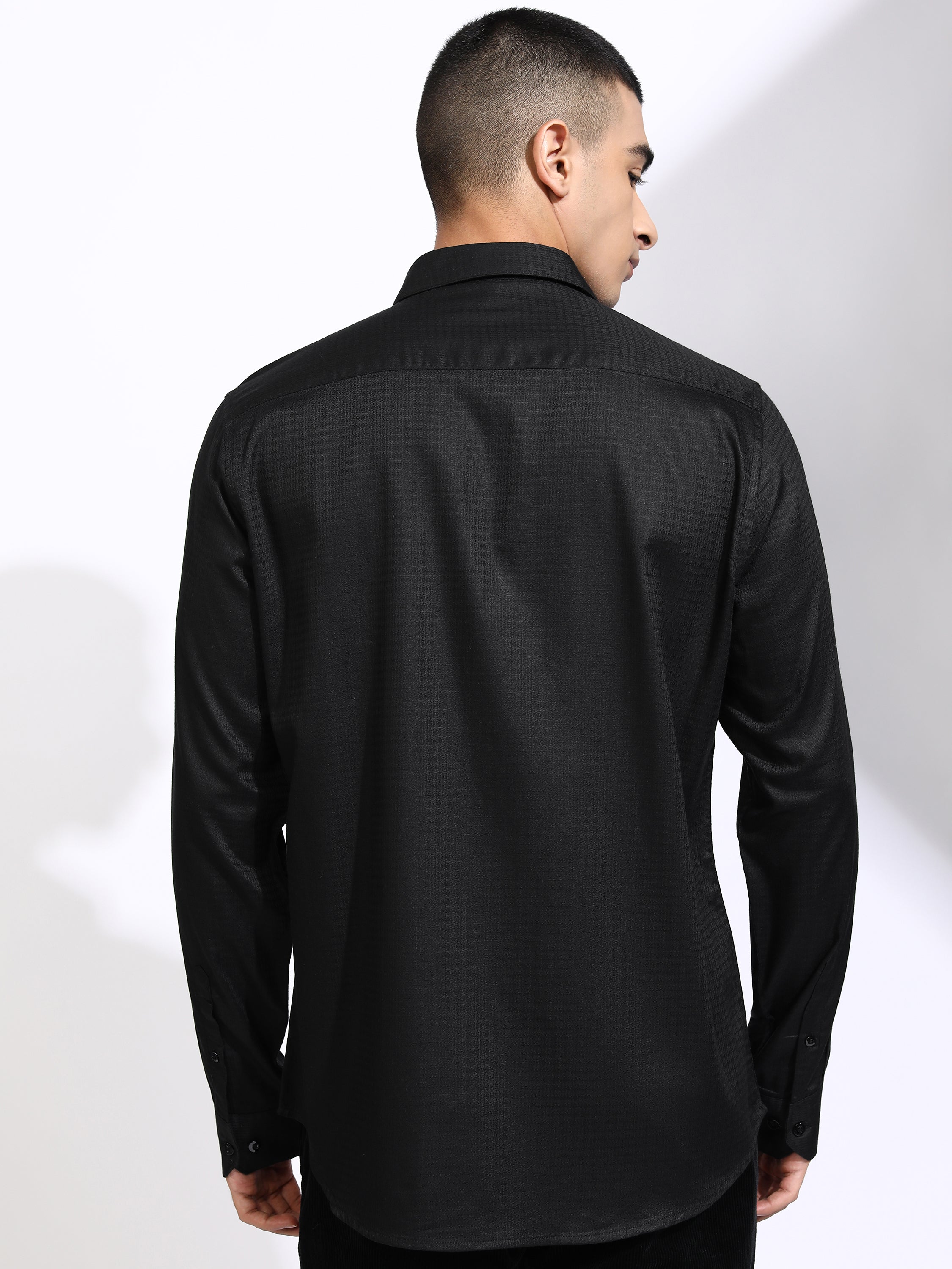 Highlander Men Black Self Design Slim Fit Casual Shirt - Black - Image 3