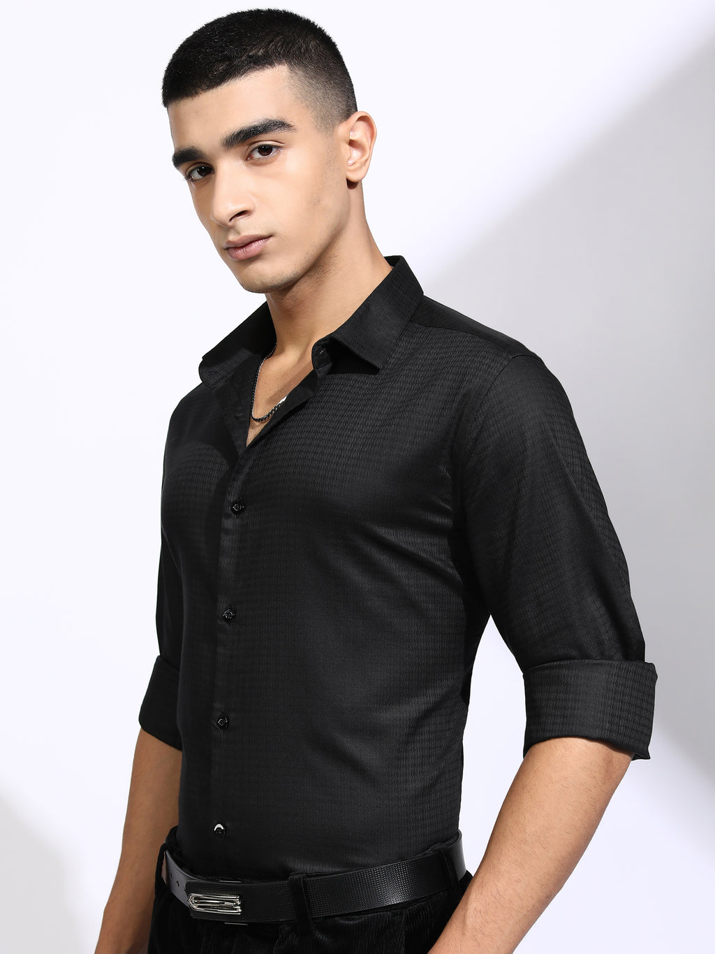 Highlander Men Black Self Design Slim Fit Casual Shirt - Black - Image 4