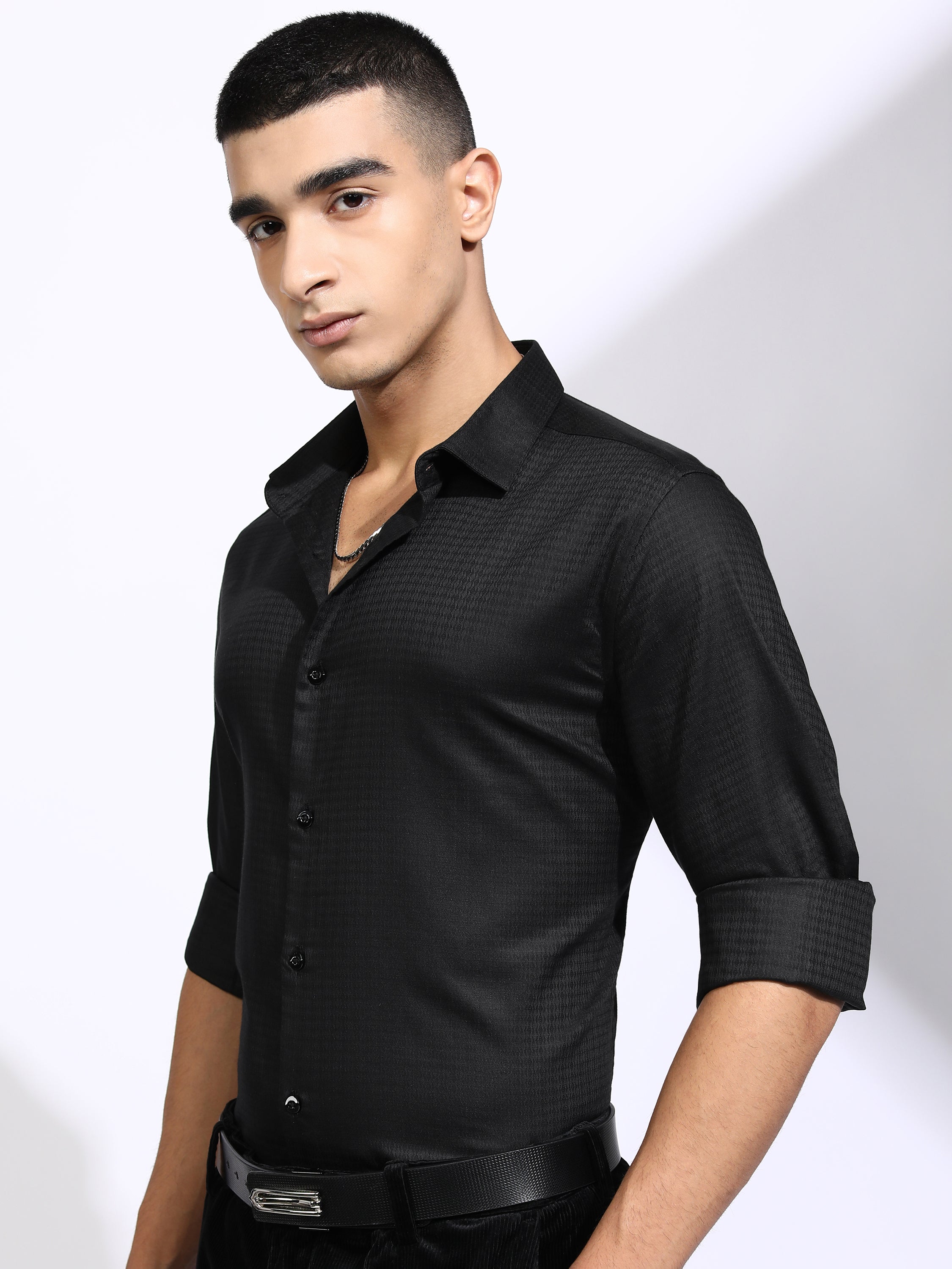 Highlander Men Black Self Design Slim Fit Casual Shirt - Black - Image 4