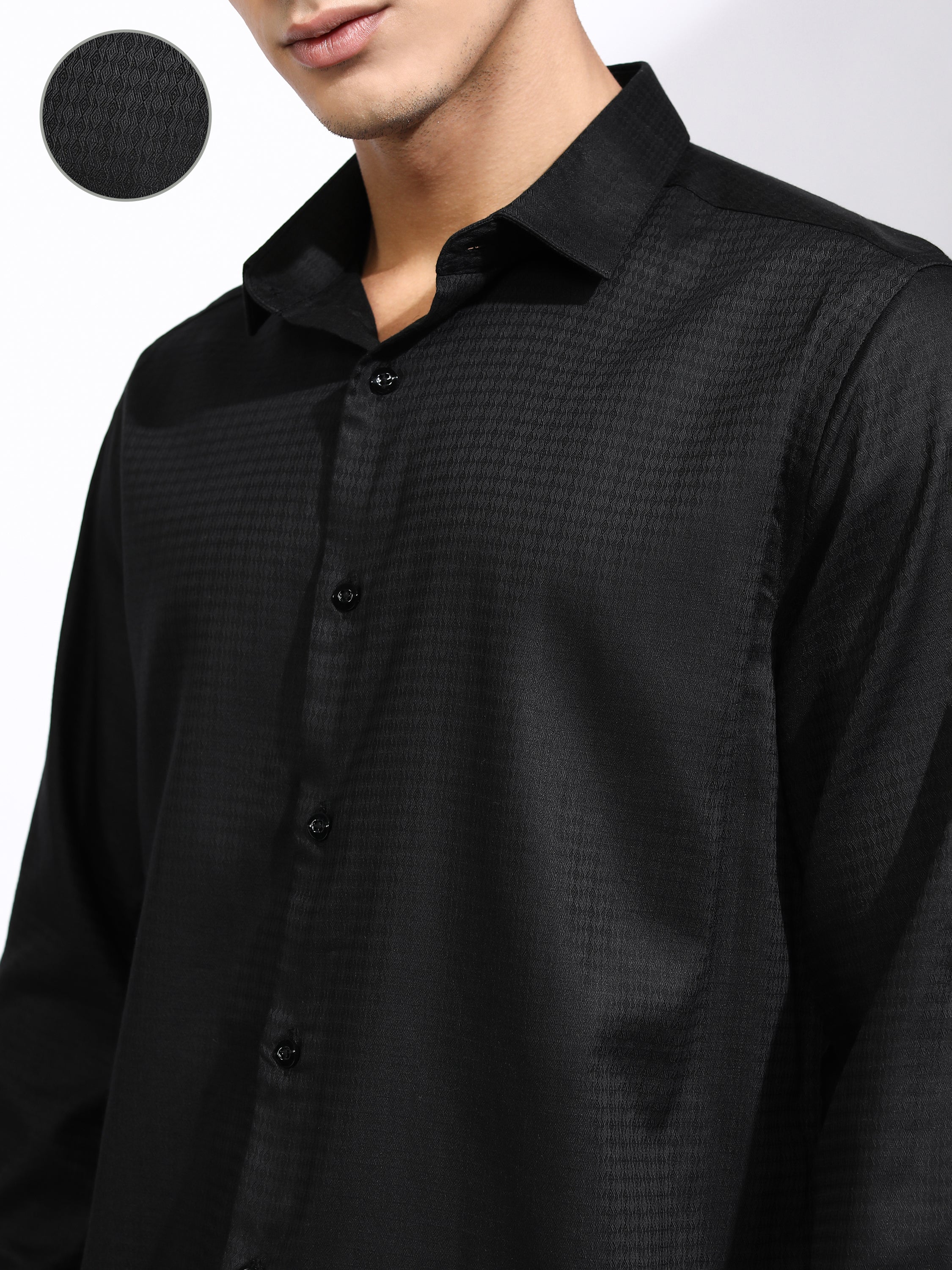 Highlander Men Black Self Design Slim Fit Casual Shirt - Black - Image 5
