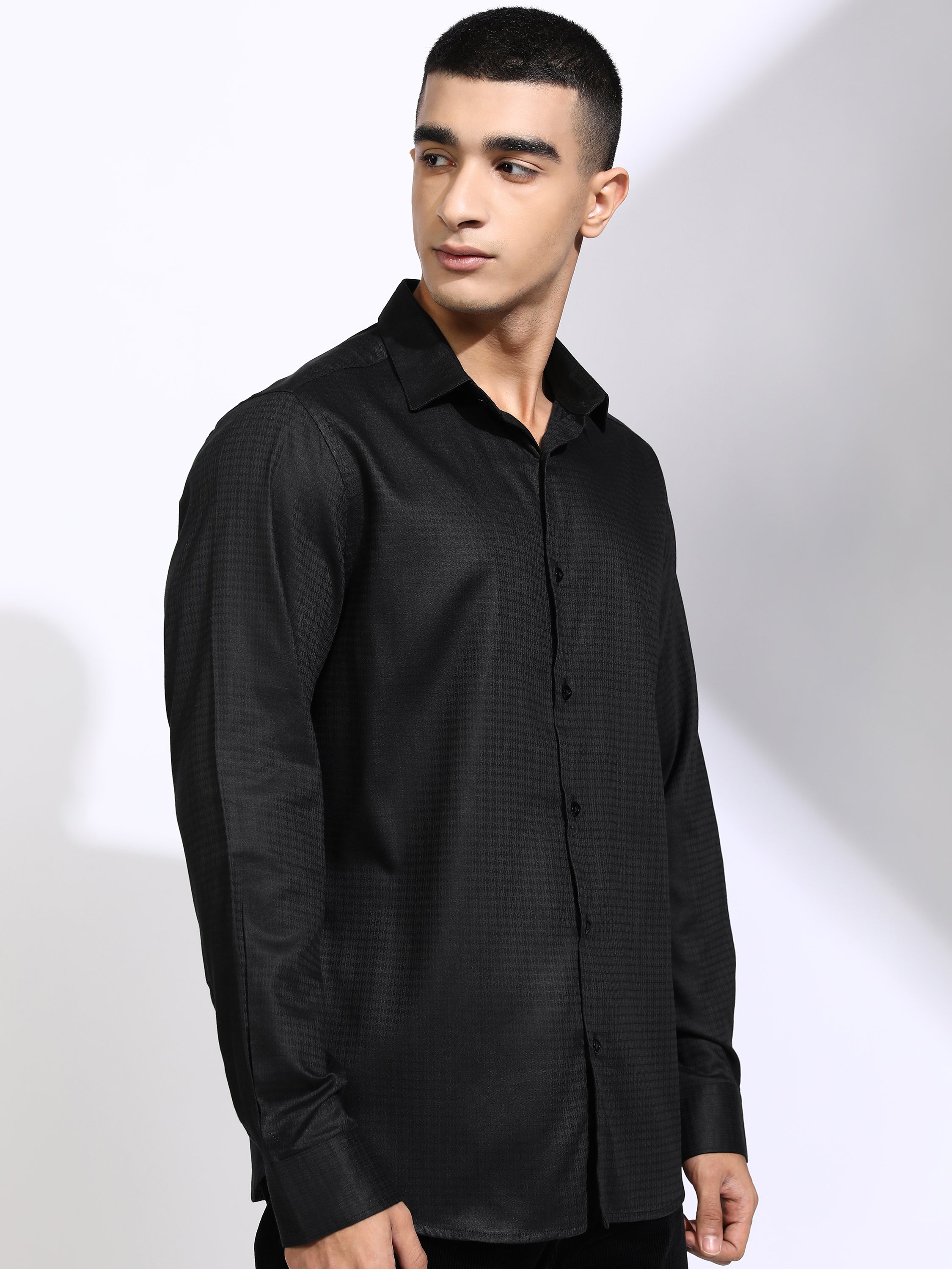 Highlander Men Black Self Design Slim Fit Casual Shirt - Black - Image 6