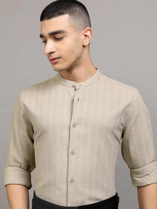 Highlander Men Beige Textured Regular Fit Casual Shirt - Beige - Image 1