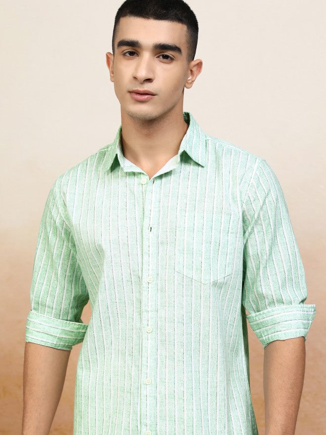 Highlander Men Green Striped Regular Fit Casual Shirt - Green - Image 1