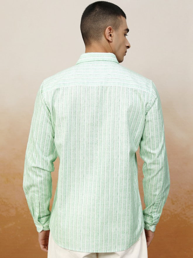 Highlander Men Green Striped Regular Fit Casual Shirt - Green - Image 3