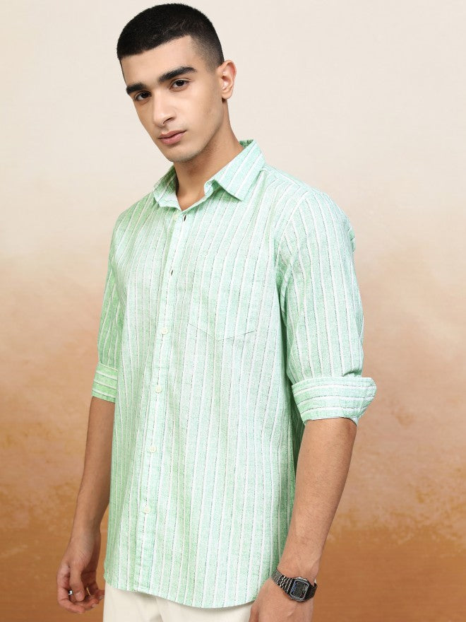 Highlander Men Green Striped Regular Fit Casual Shirt - Green - Image 4