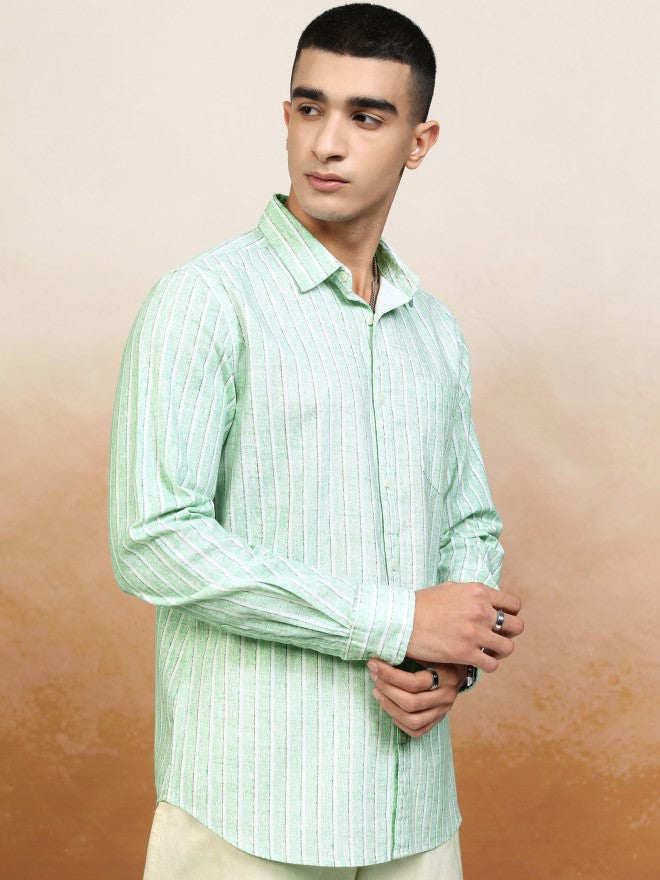 Highlander Men Green Striped Regular Fit Casual Shirt - Green - Image 6