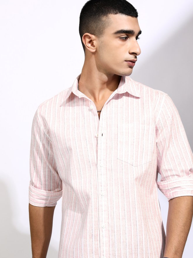 Highlander Men Pink Striped Regular Fit Casual Shirt - Pink - Image 1