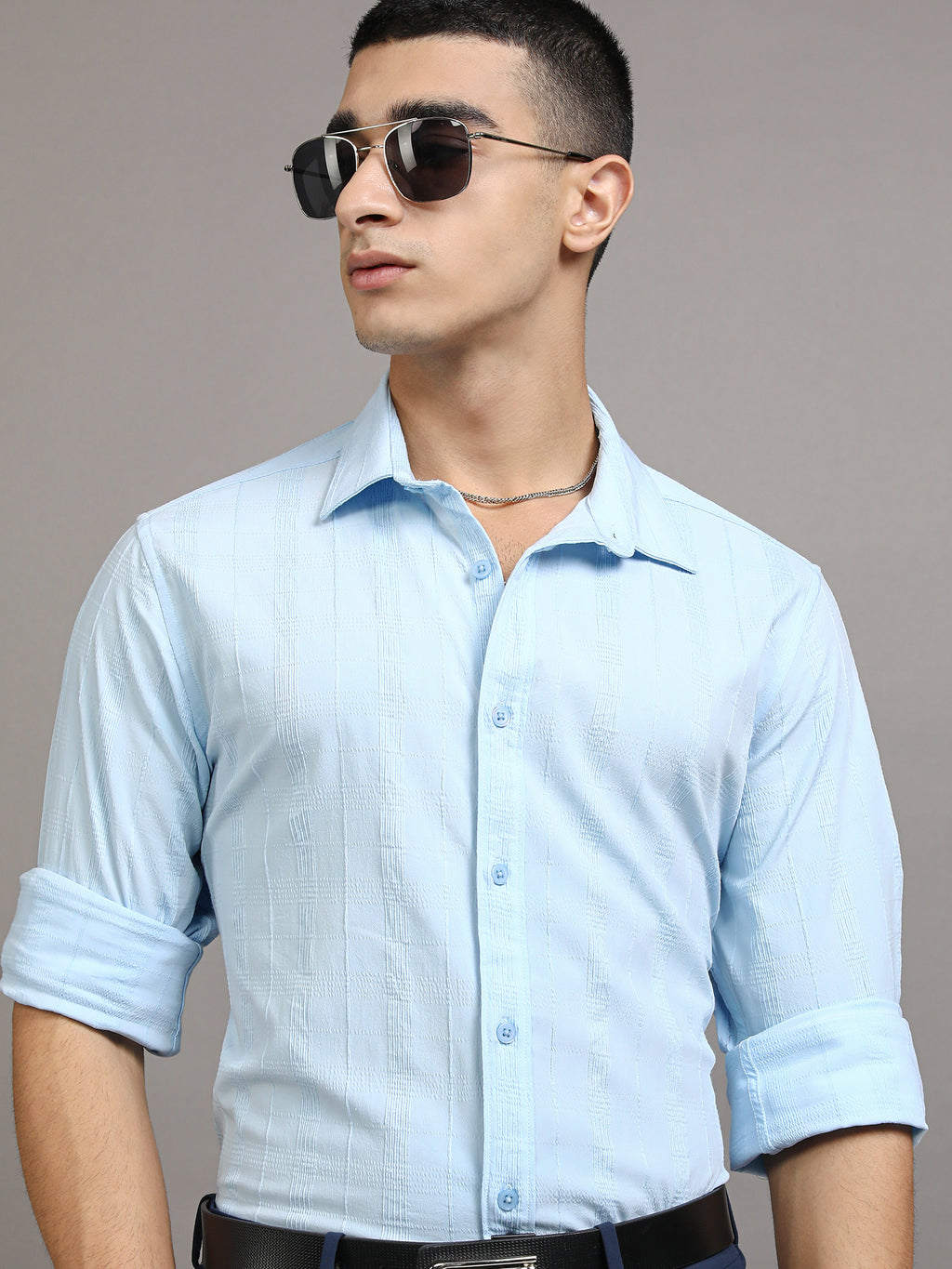Highlander Men Blue Checked Slim Fit Casual Shirt - Blue - Image 1