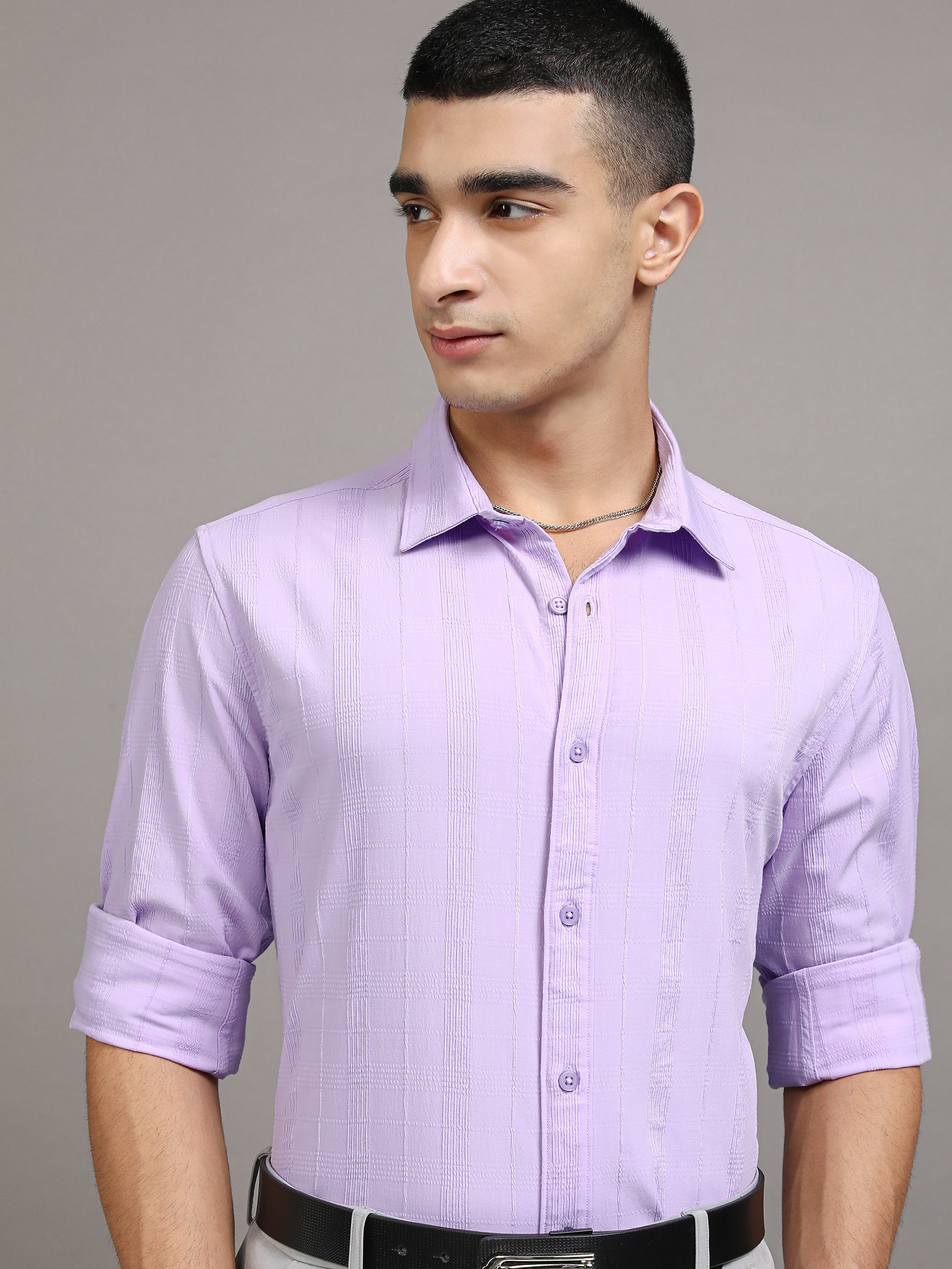 Highlander Men Lavender Striped Slim Fit Casual Shirt - Lavender - Image 1