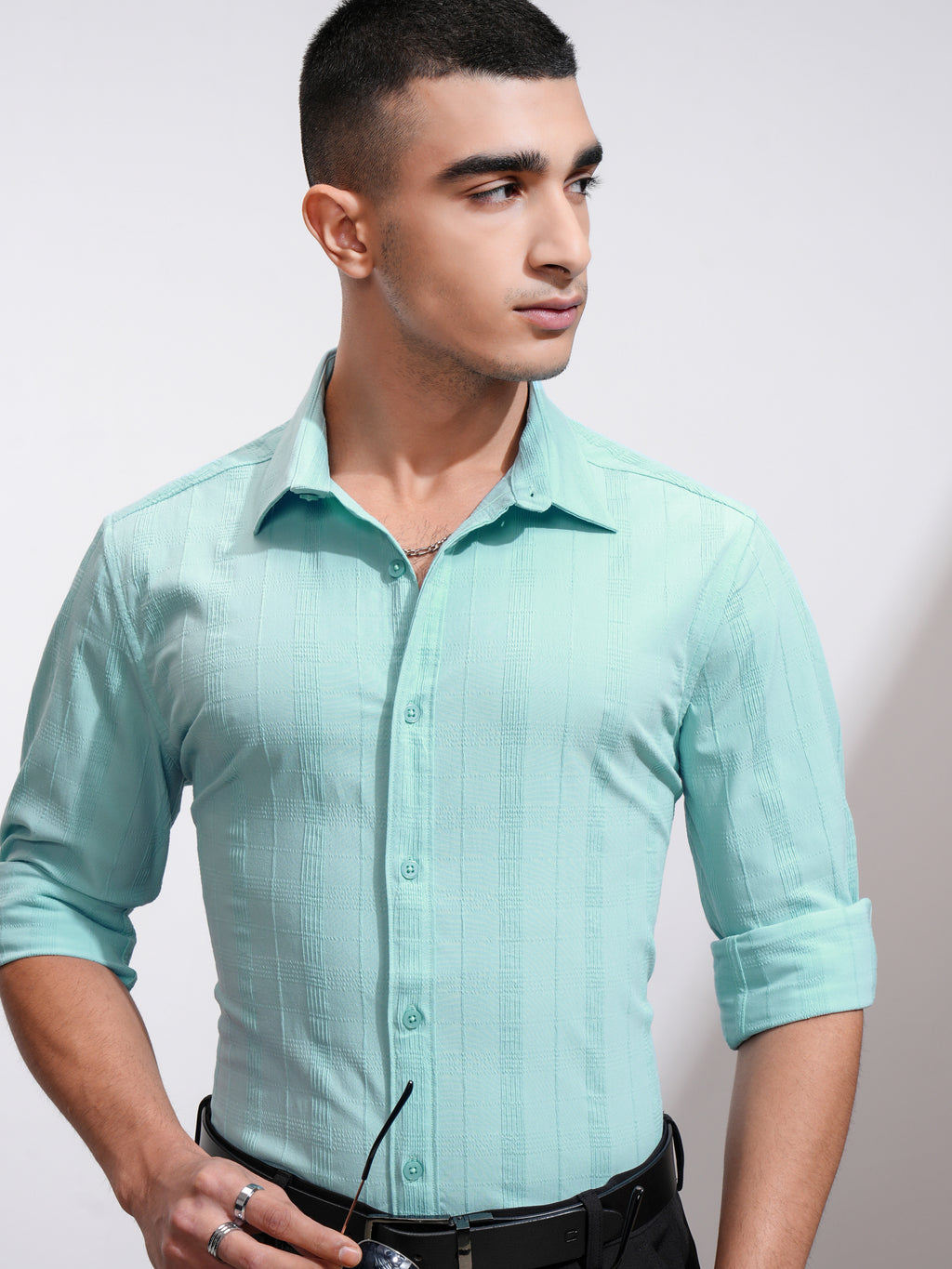 Highlander Men Blue Self Design Slim Fit Casual Shirt - Blue - Image 1