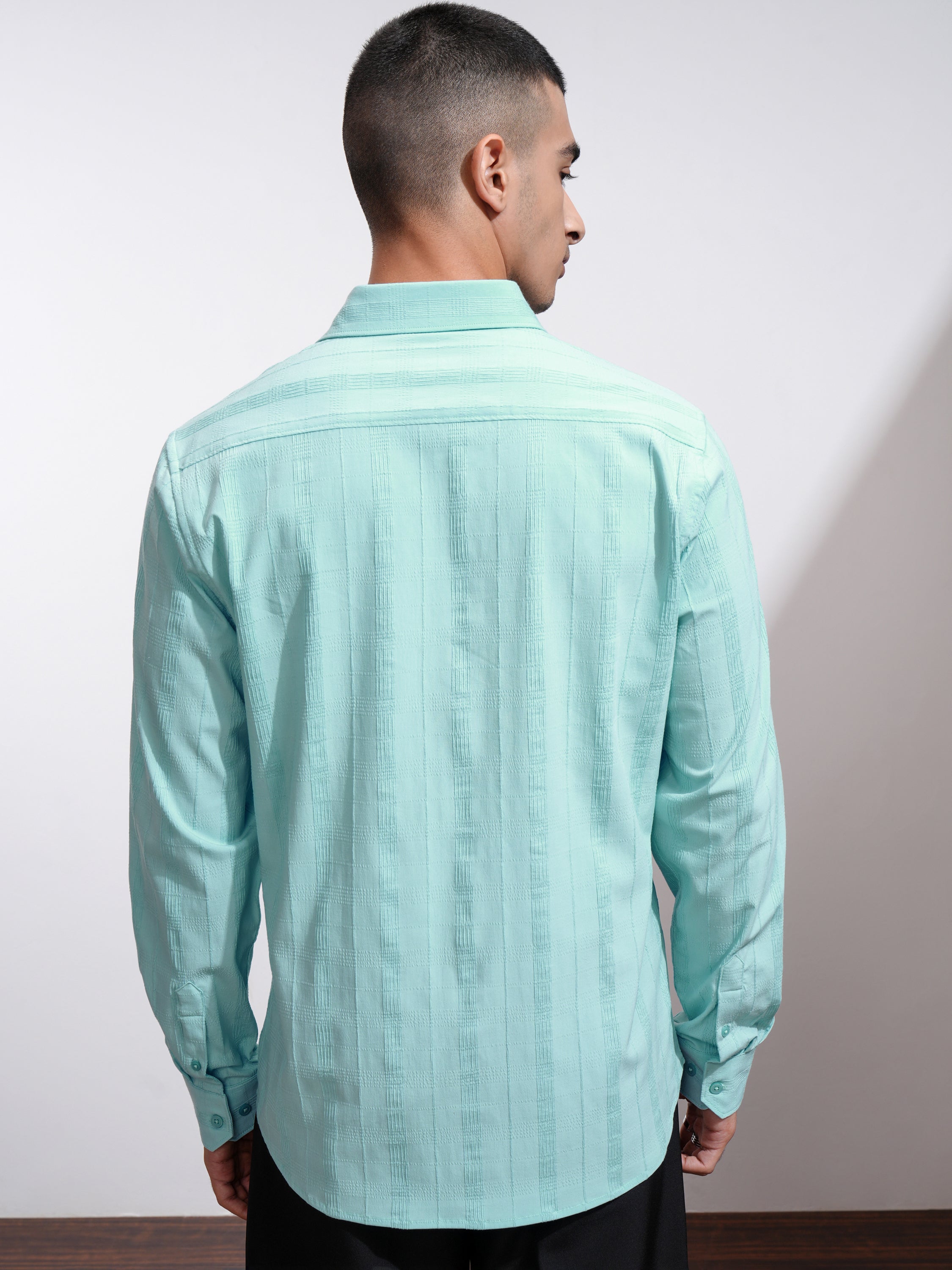 Highlander Men Blue Self Design Slim Fit Casual Shirt - Blue - Image 3