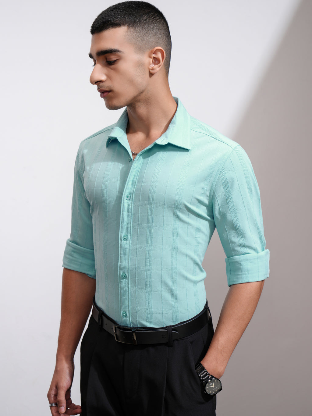 Highlander Men Blue Self Design Slim Fit Casual Shirt - Blue - Image 4