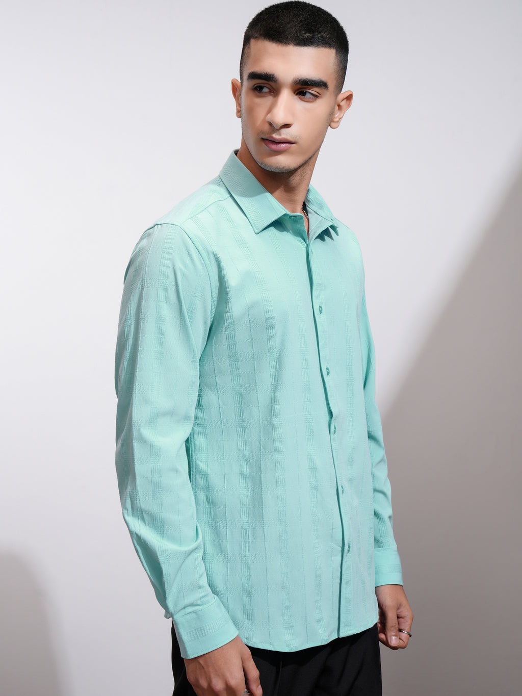 Highlander Men Blue Self Design Slim Fit Casual Shirt - Blue - Image 6