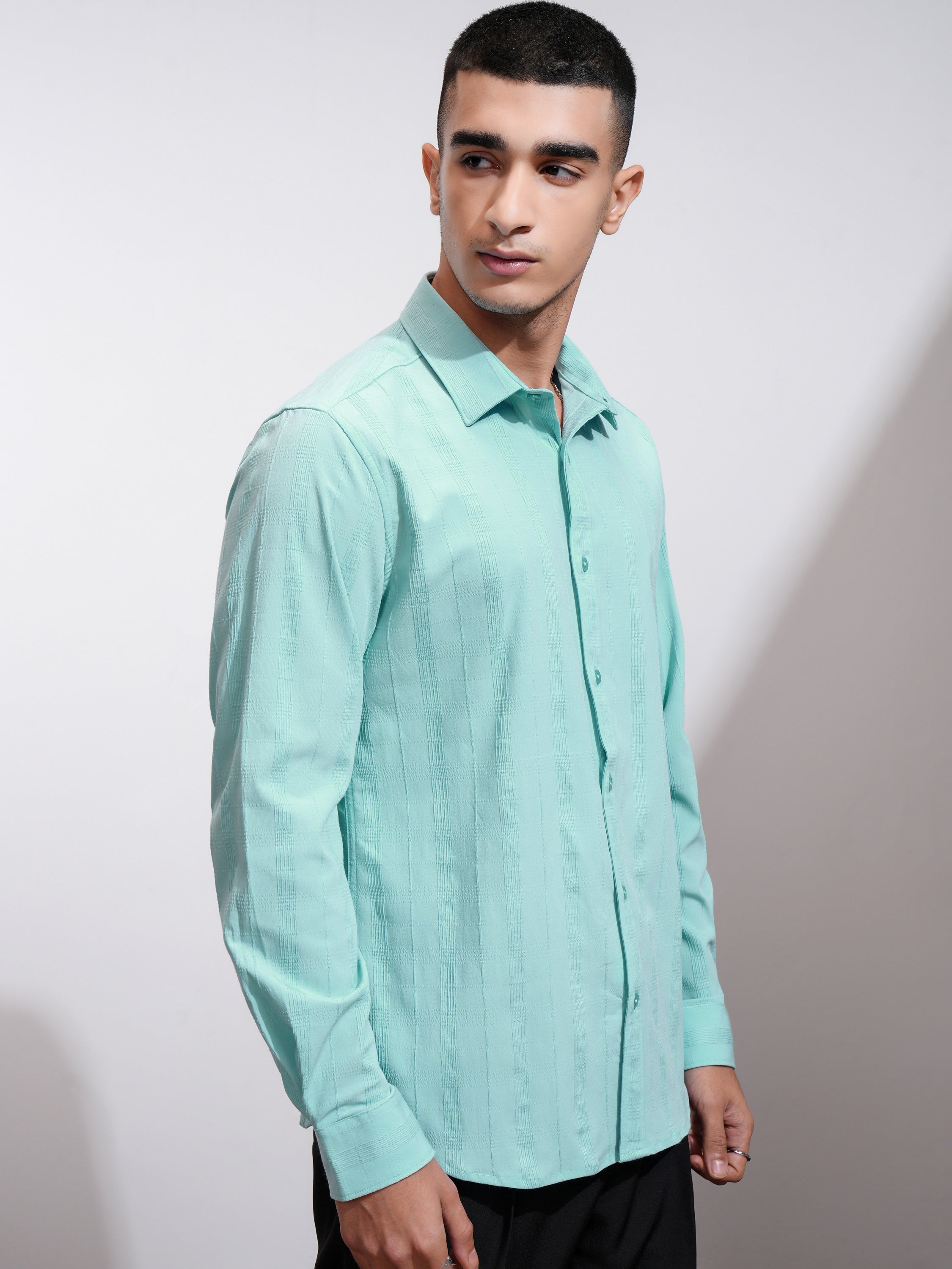 Highlander Men Blue Self Design Slim Fit Casual Shirt - Blue - Image 6