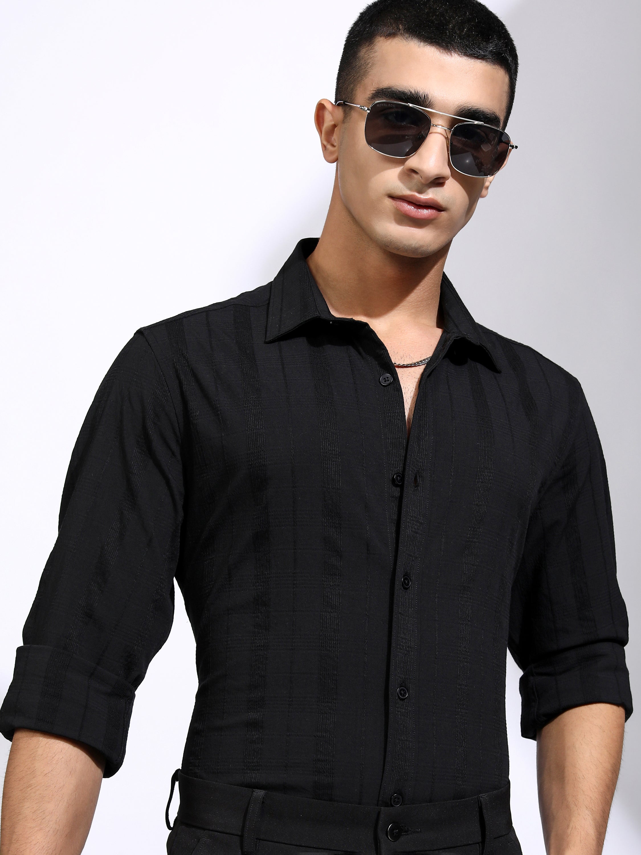 Highlander Men Black Striped Slim Fit Casual Shirt - Black - Image 1
