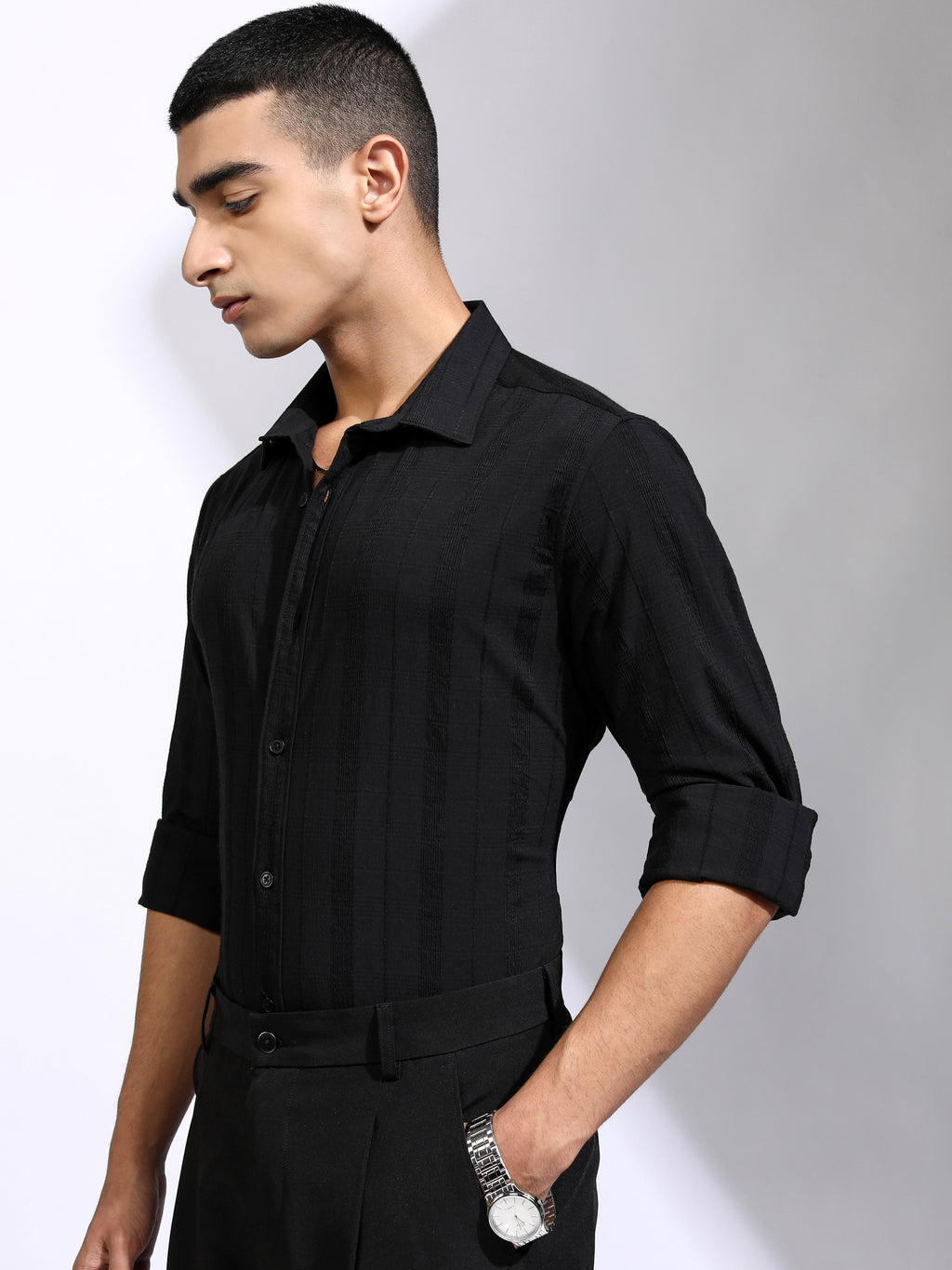 Highlander Men Black Striped Slim Fit Casual Shirt - Black - Image 4