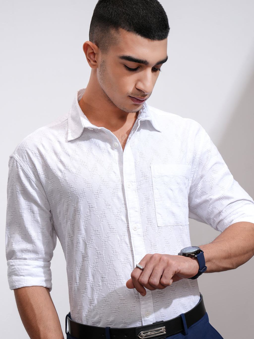 Highlander Men White Self Design Relaxed Fit Casual Shirt - White - Image 1