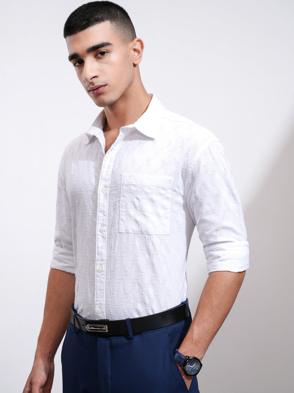 Highlander Men White Self Design Relaxed Fit Casual Shirt - White - Image 4