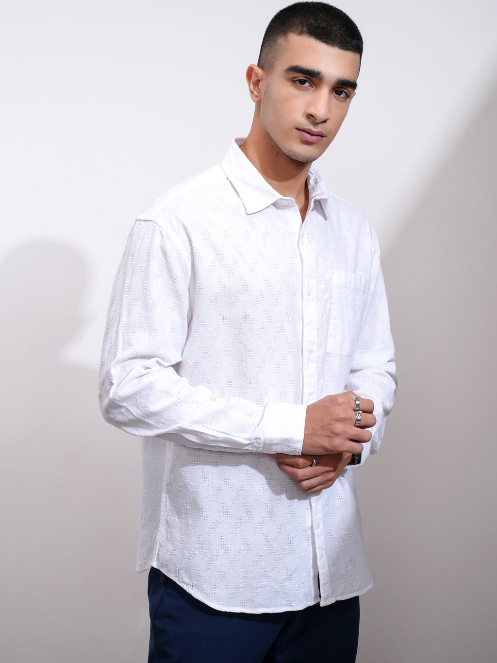 Highlander Men White Self Design Relaxed Fit Casual Shirt - White - Image 6