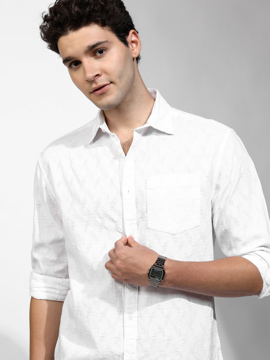 Highlander Men White Self Design Relaxed Fit Casual Shirt - White - Image 1