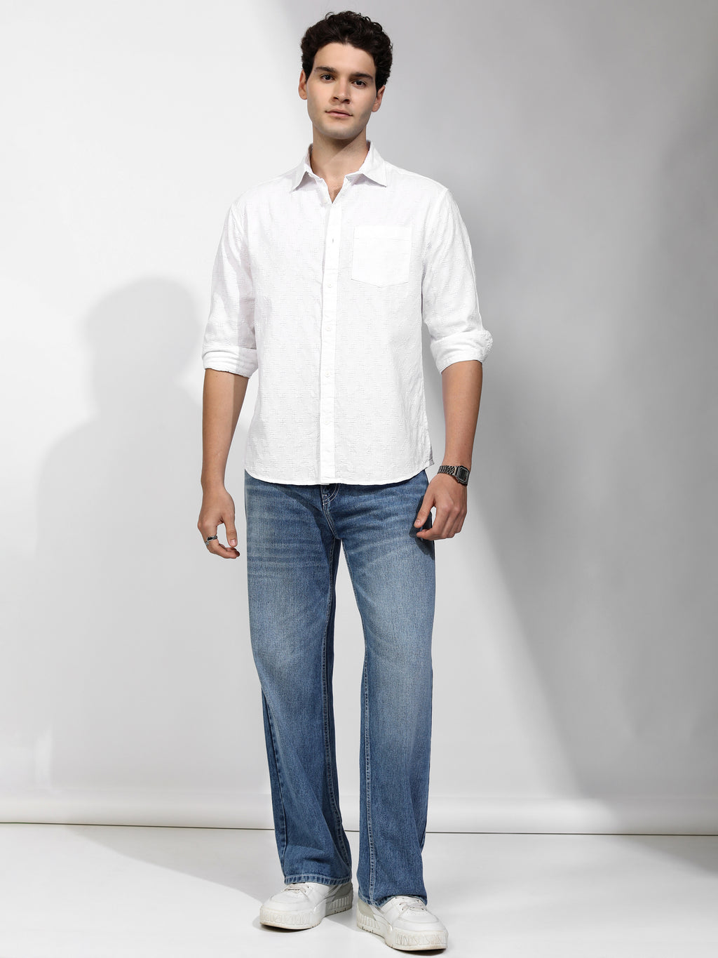 Highlander Men White Self Design Relaxed Fit Casual Shirt - White - Image 2