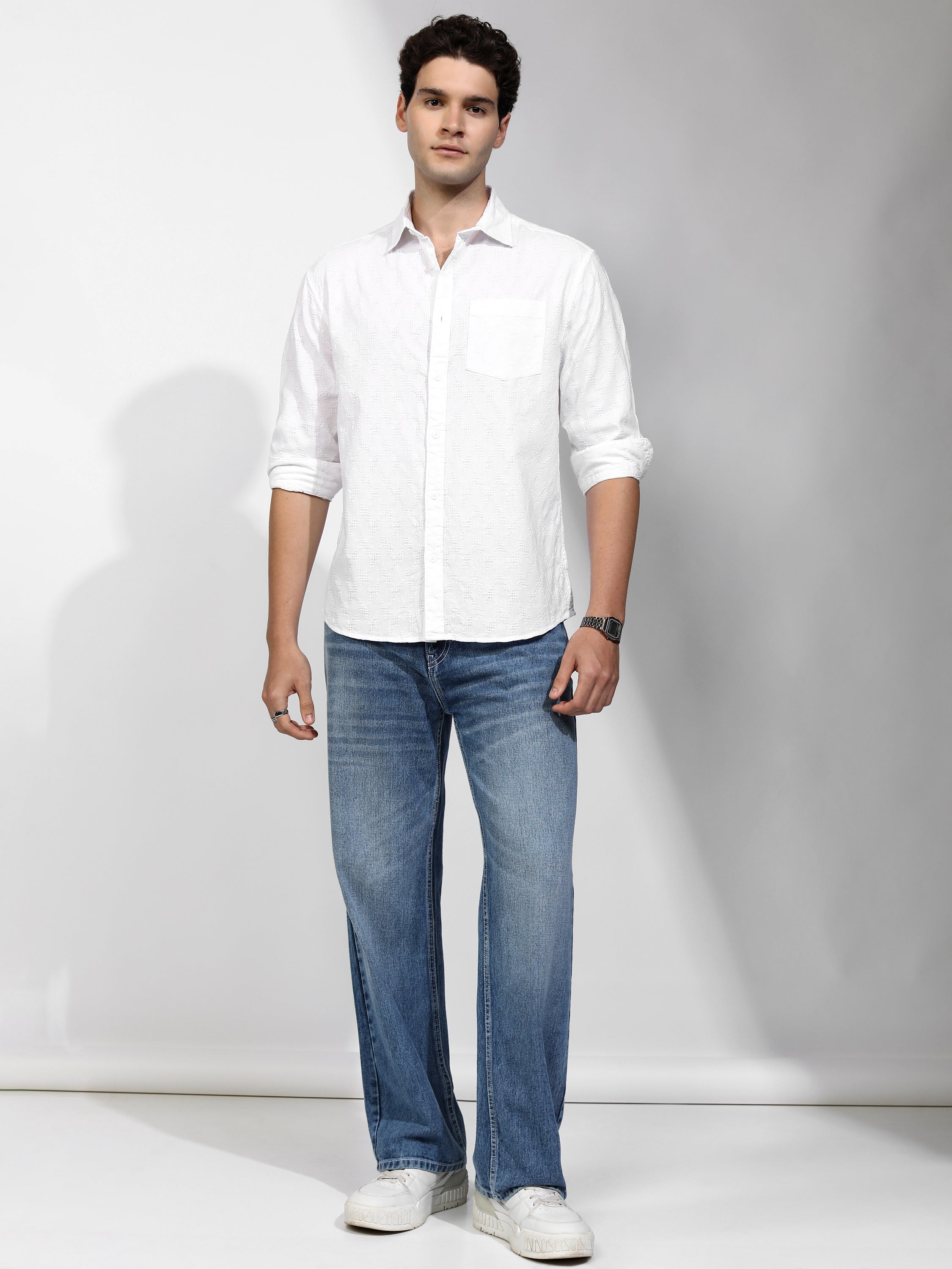 Highlander Men White Self Design Relaxed Fit Casual Shirt - White - Image 2