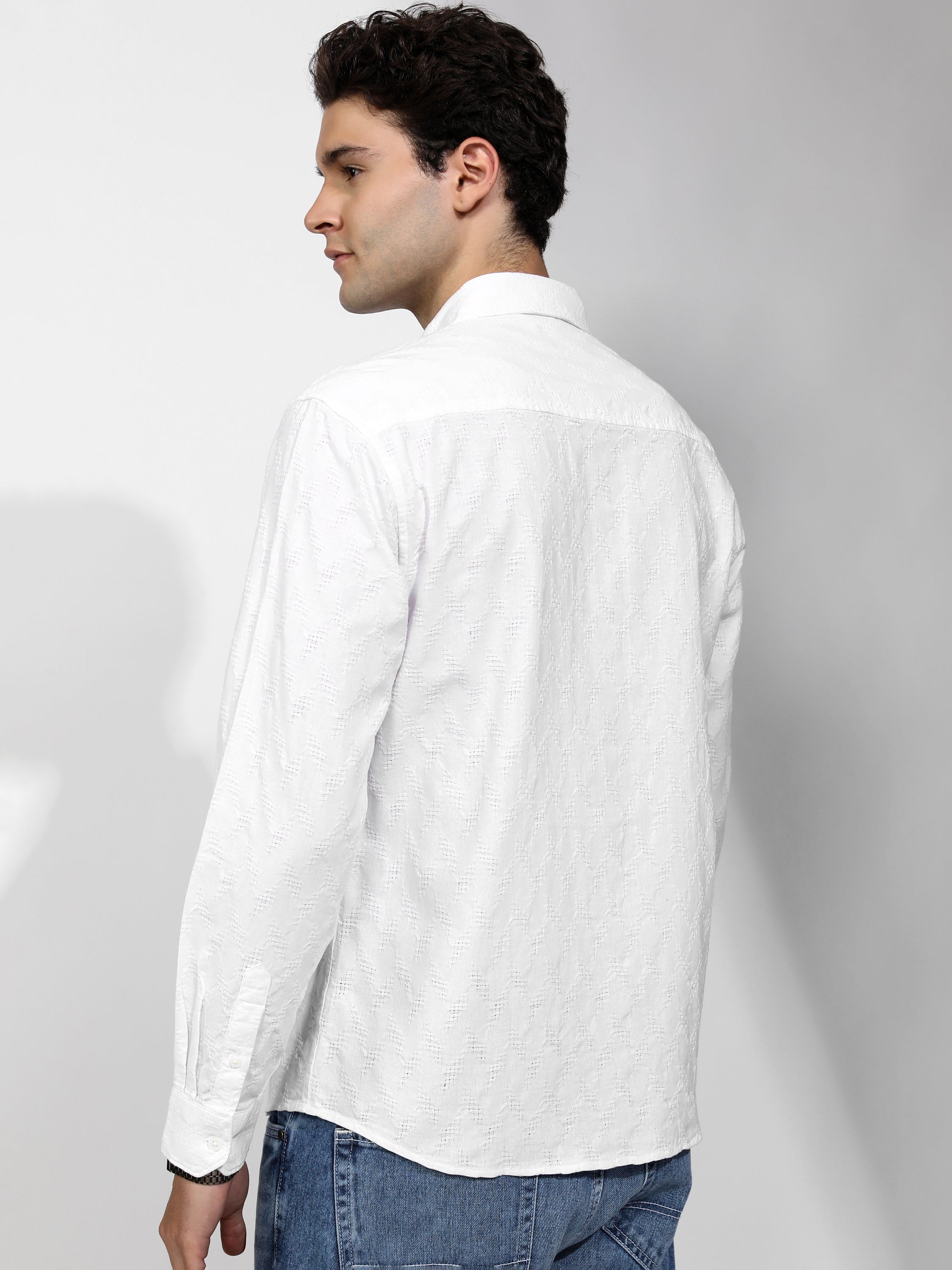 Highlander Men White Self Design Relaxed Fit Casual Shirt - White - Image 3