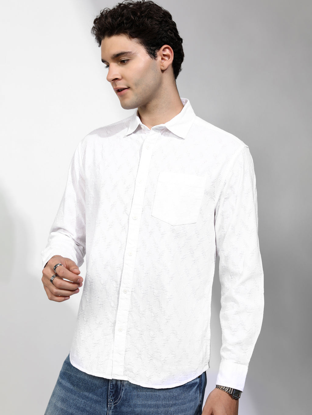 Highlander Men White Self Design Relaxed Fit Casual Shirt - White - Image 4