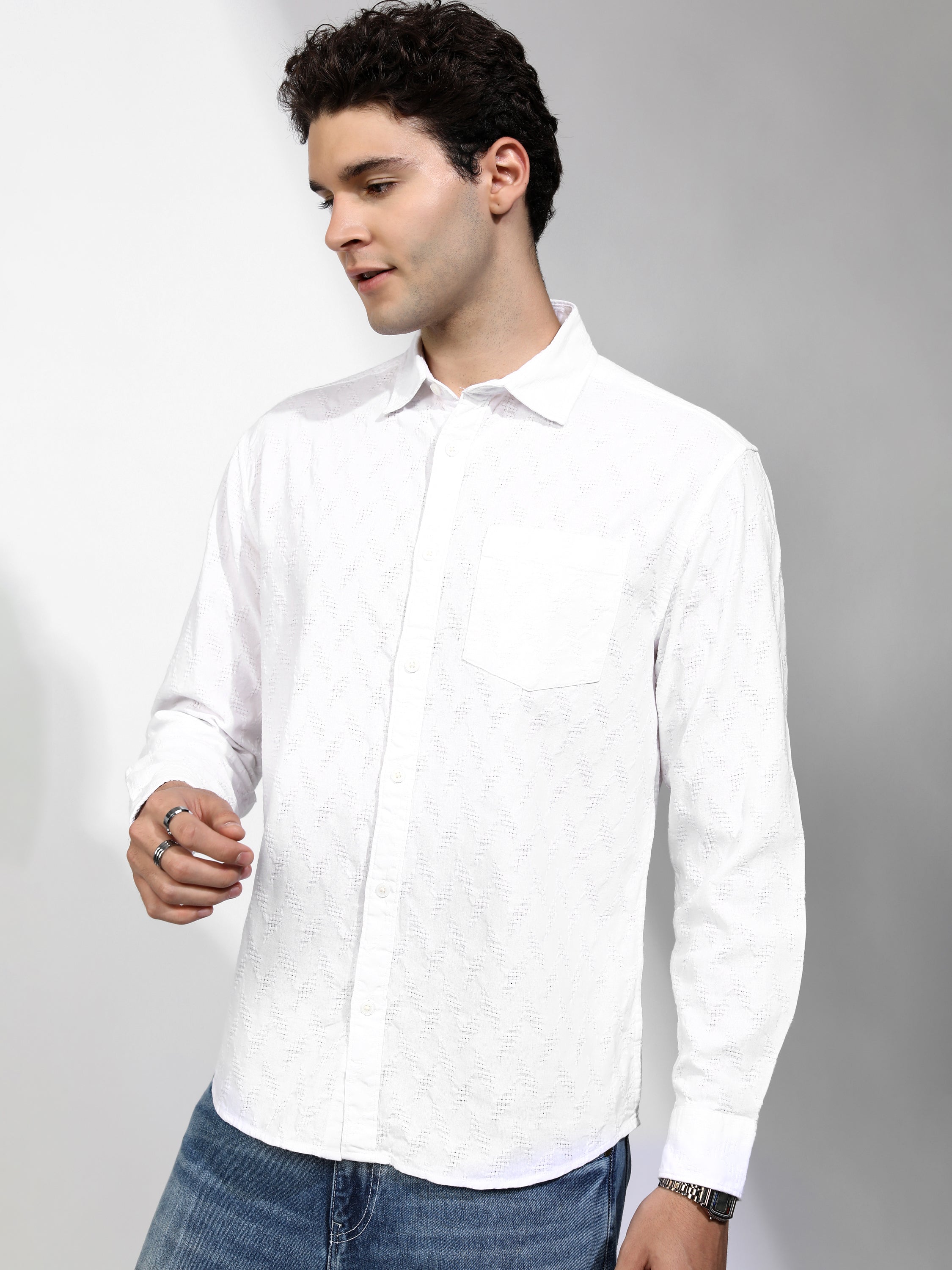 Highlander Men White Self Design Relaxed Fit Casual Shirt - White - Image 4