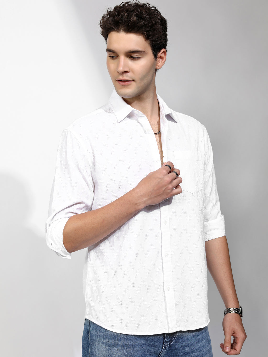 Highlander Men White Self Design Relaxed Fit Casual Shirt - White - Image 6