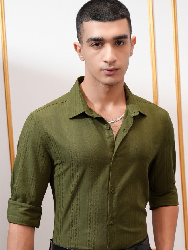Highlander Men Olive Textured Slim Fit Casual Shirt - Olive - Image 1
