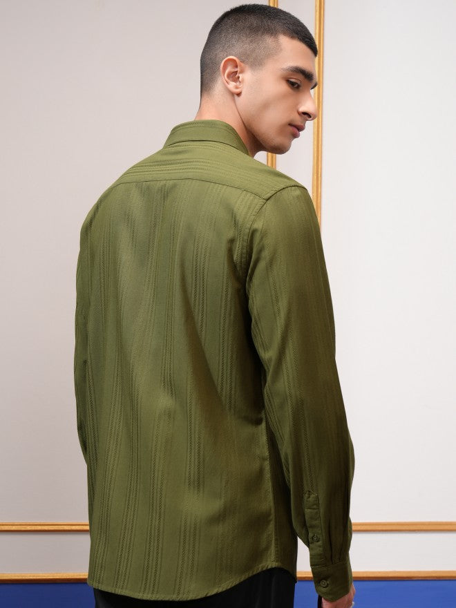 Highlander Men Olive Textured Slim Fit Casual Shirt - Olive - Image 3