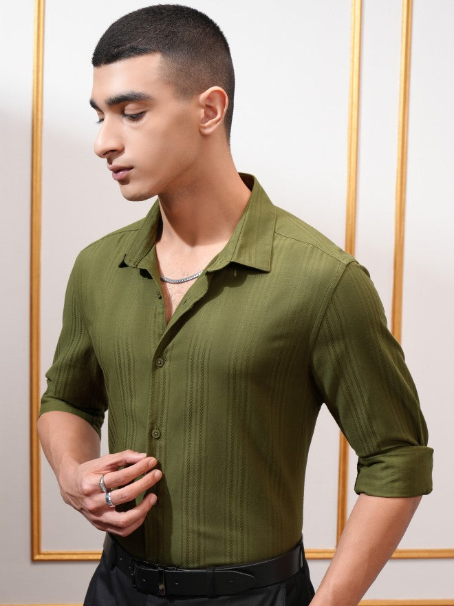 Highlander Men Olive Textured Slim Fit Casual Shirt - Olive - Image 4