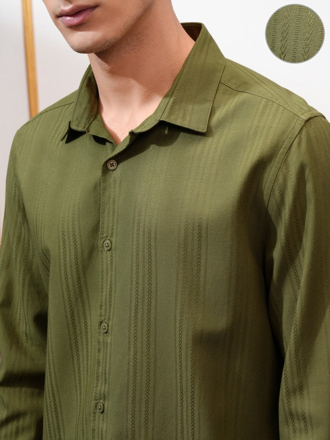Highlander Men Olive Textured Slim Fit Casual Shirt - Olive - Image 5