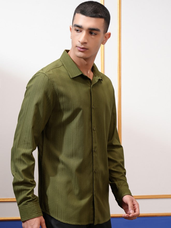 Highlander Men Olive Textured Slim Fit Casual Shirt - Olive - Image 6