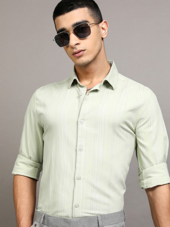 Highlander Men Green Striped Slim Fit Casual Shirt - Green - Image 1