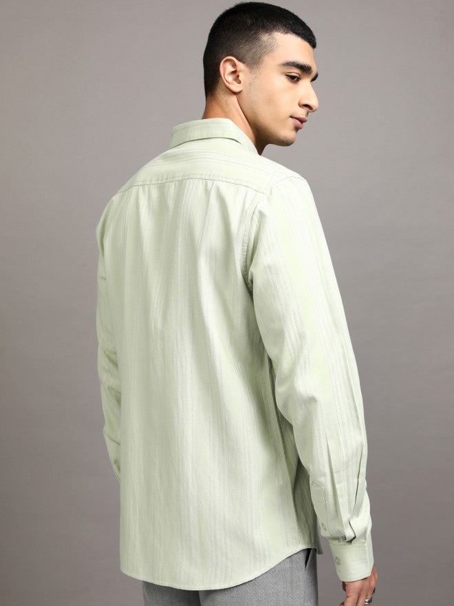 Highlander Men Green Striped Slim Fit Casual Shirt - Green - Image 3