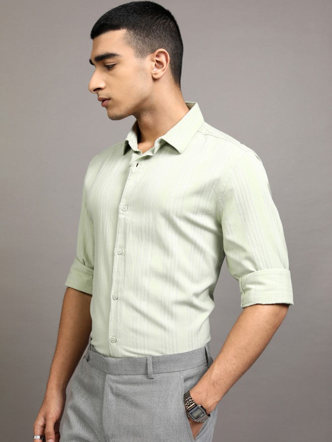 Highlander Men Green Striped Slim Fit Casual Shirt - Green - Image 4
