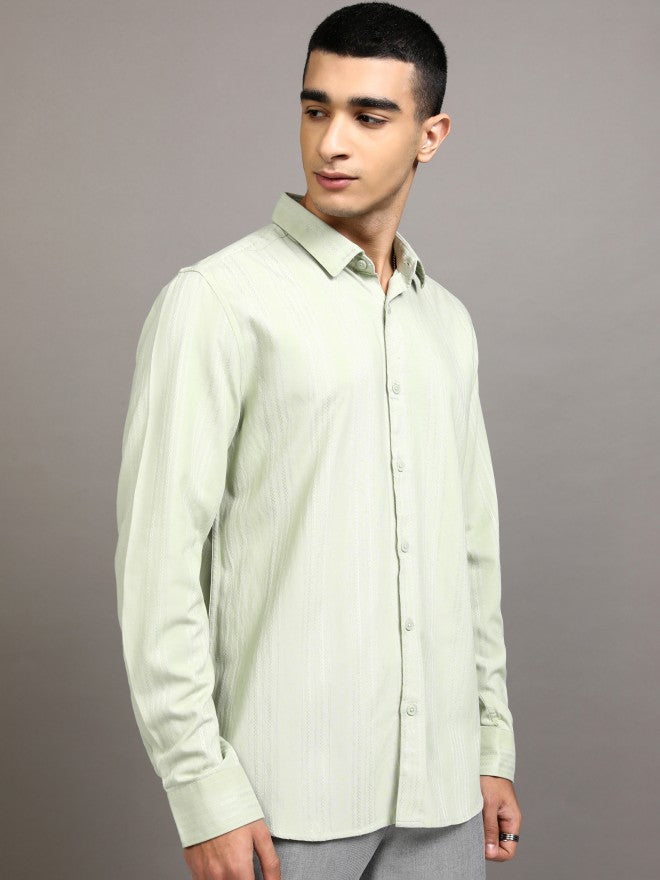 Highlander Men Green Striped Slim Fit Casual Shirt - Green - Image 6
