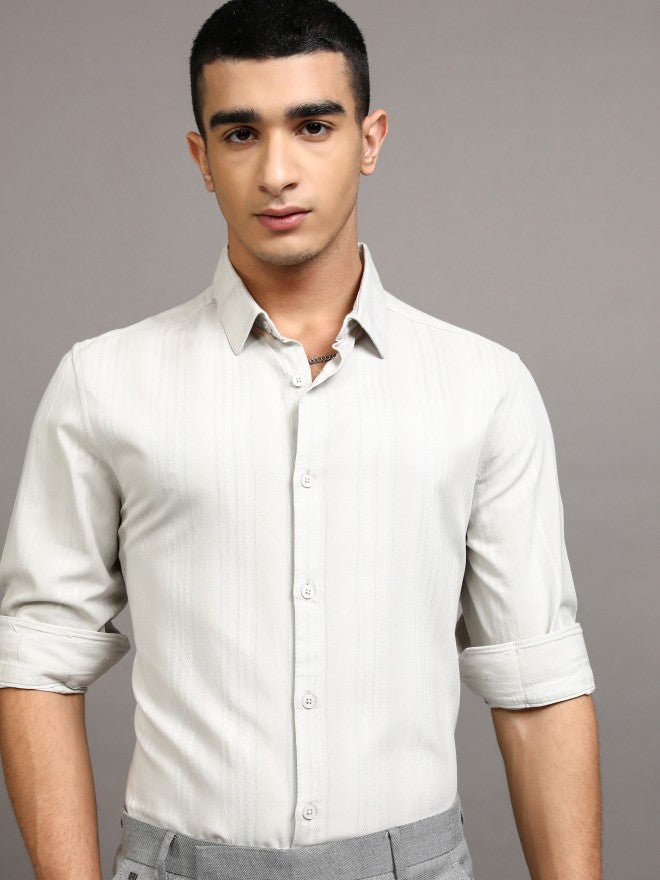 Highlander Men Grey Striped Slim Fit Casual Shirt - Grey - Image 1