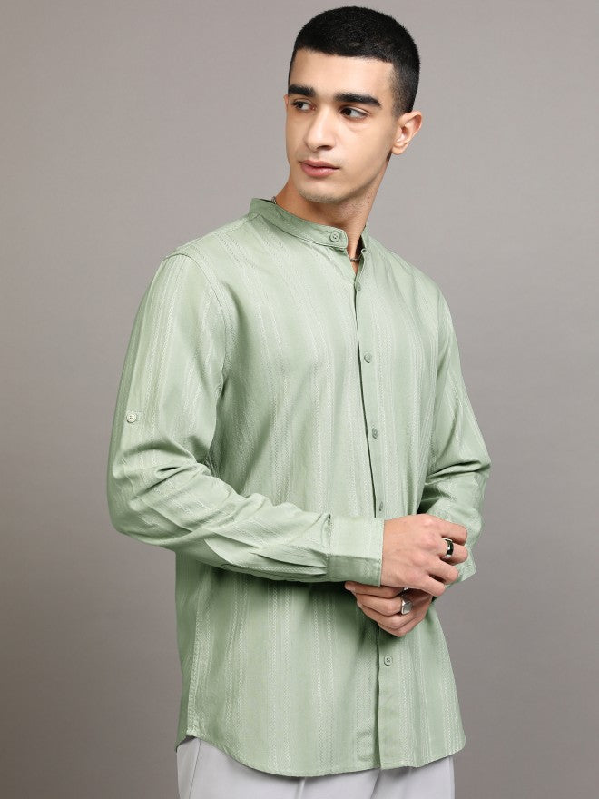 Highlander Men Green Striped Regular Fit Casual Shirt - Green - Image 6