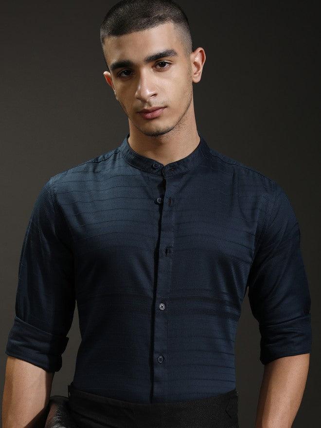 Highlander Men Blue Textured Regular Fit Casual Shirt - Blue - Image 1