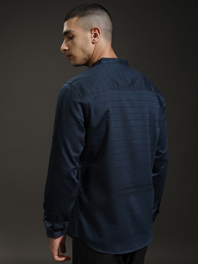 Highlander Men Blue Textured Regular Fit Casual Shirt - Blue - Image 3