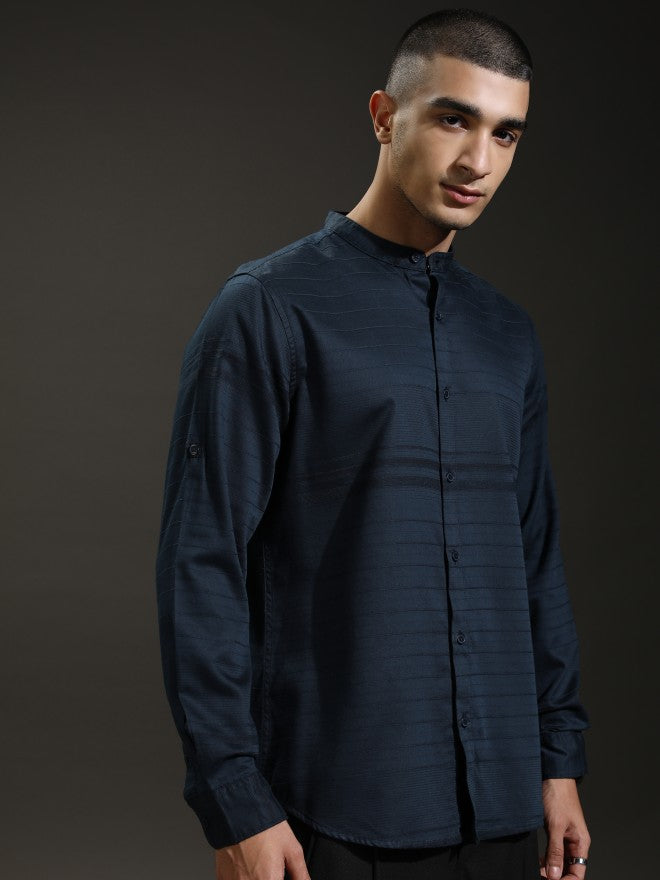 Highlander Men Blue Textured Regular Fit Casual Shirt - Blue - Image 6