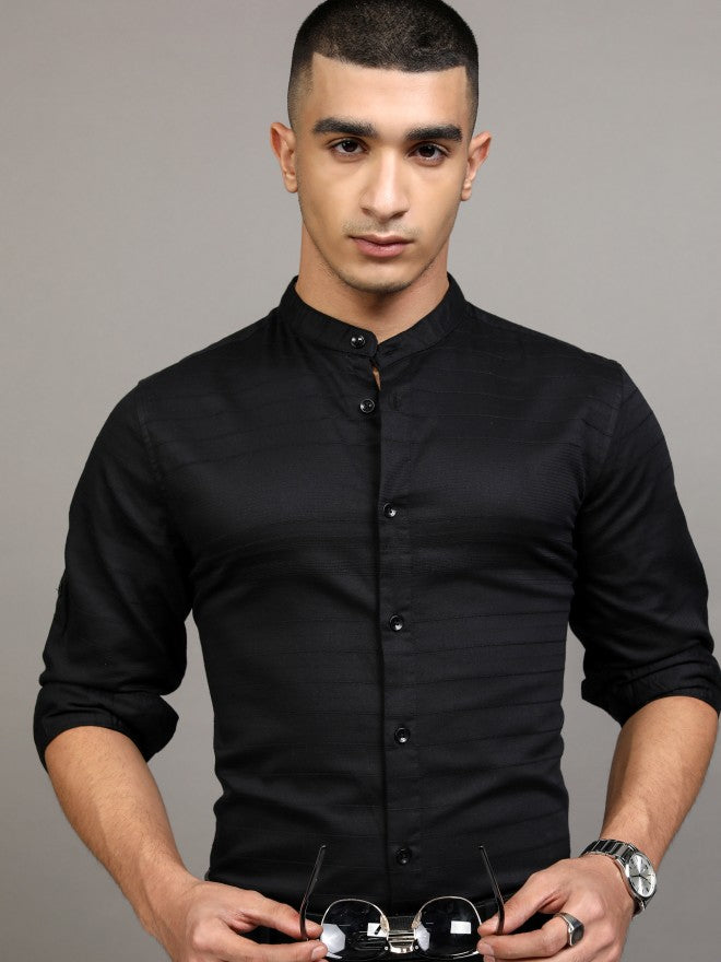 Highlander Men Black Striped Slim Fit Casual Shirt - Black - Image 1