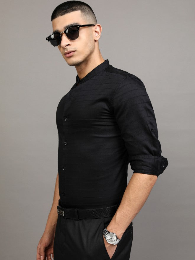 Highlander Men Black Striped Slim Fit Casual Shirt - Black - Image 4