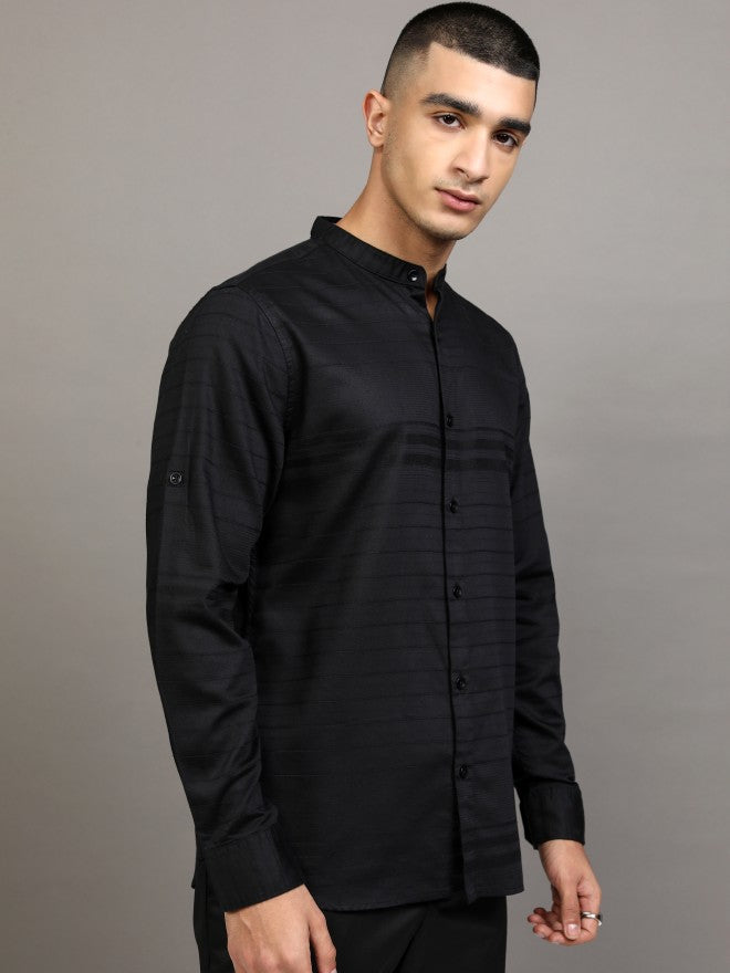 Highlander Men Black Striped Slim Fit Casual Shirt - Black - Image 6