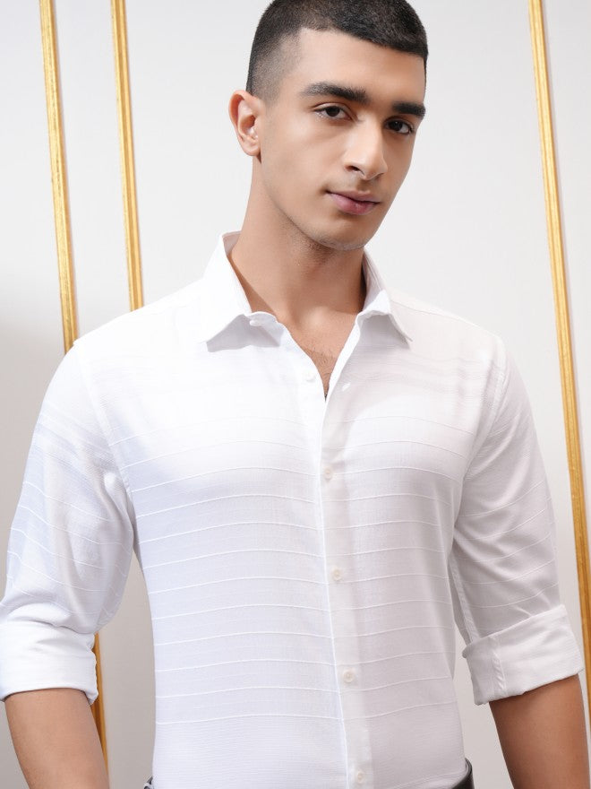 Highlander Men White Textured Slim Fit Casual Shirt - White - Image 1